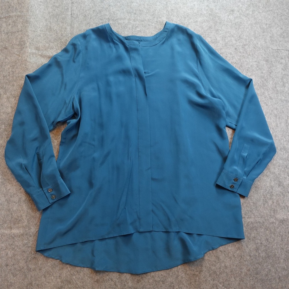 J Jill Top Women Large Blue Silk Long Sleeve Pleated Back High Low Hem Blouse
